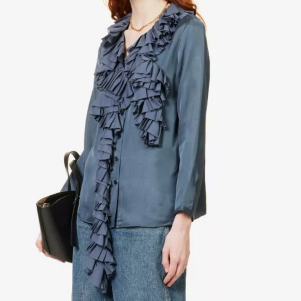 KHAITE Slate Blue Ruffle-Front Silk Blouse Size 2